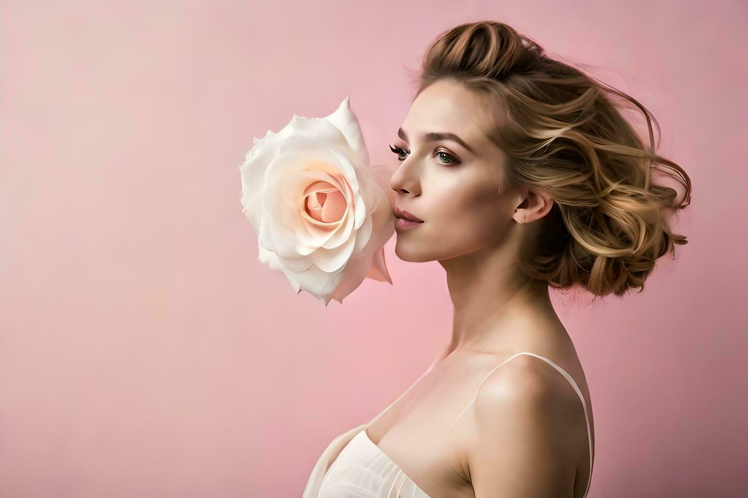 beautiful woman with rose in her hand. AI-Generated photo