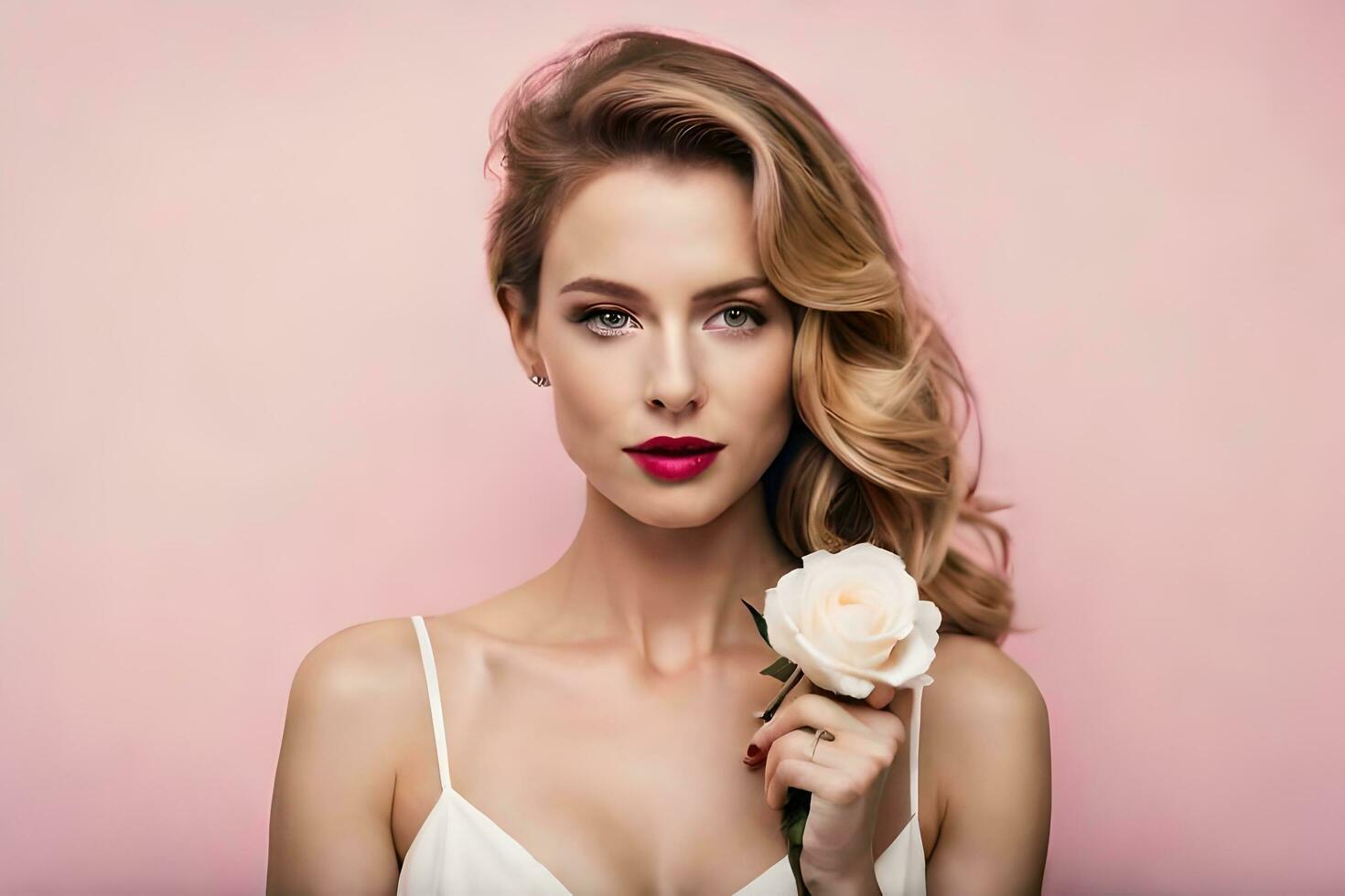 beautiful woman with red lips and white rose. AI-Generated photo