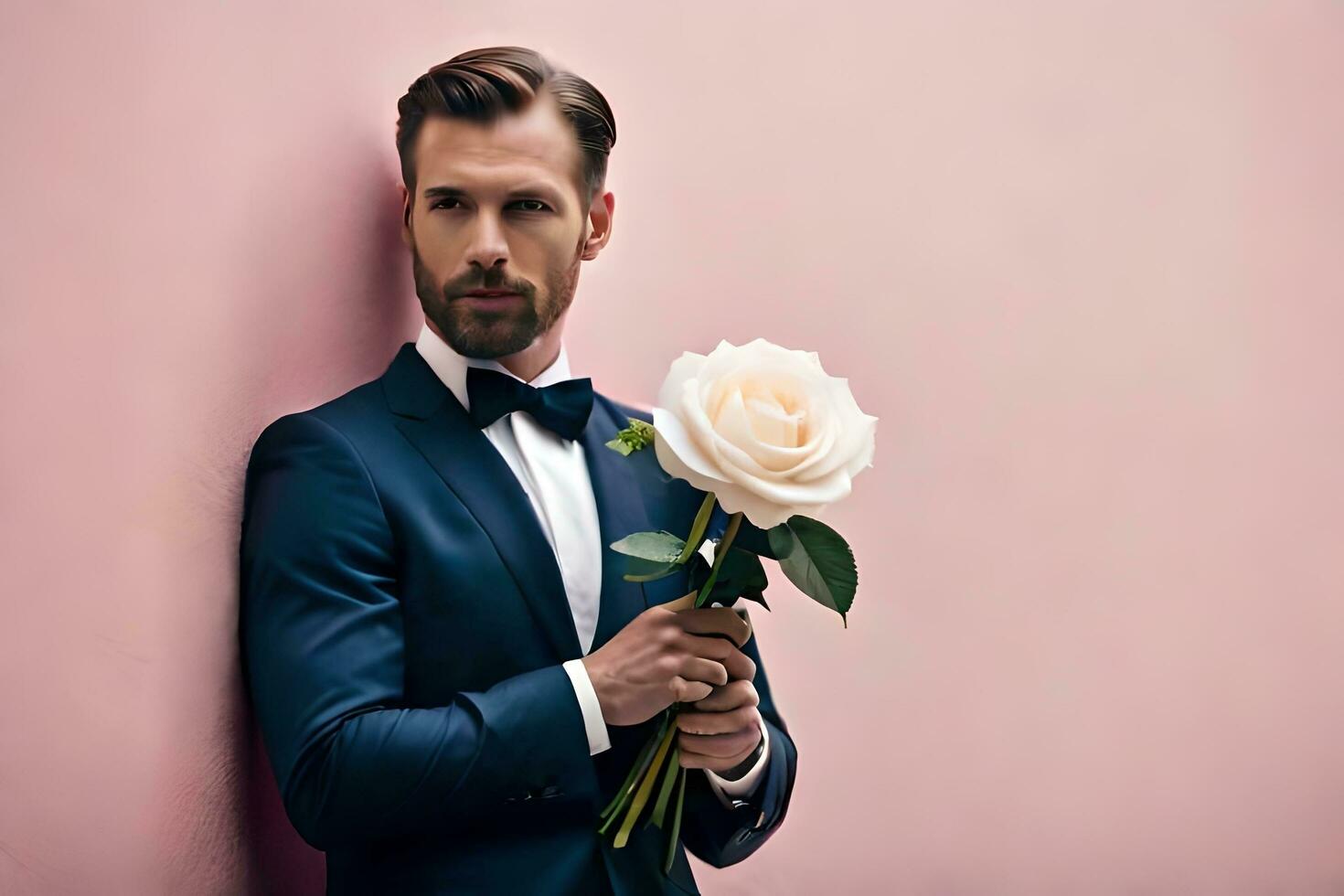 a man in a suit holding a rose. AI-Generated photo