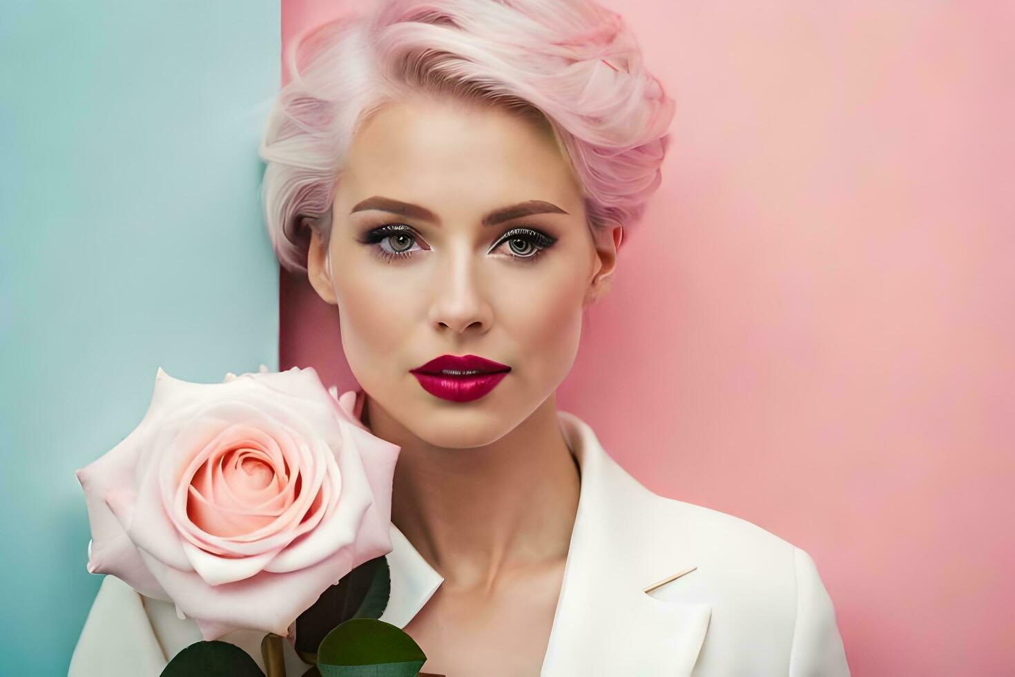 beautiful woman with pink hair and rose. AI-Generated photo