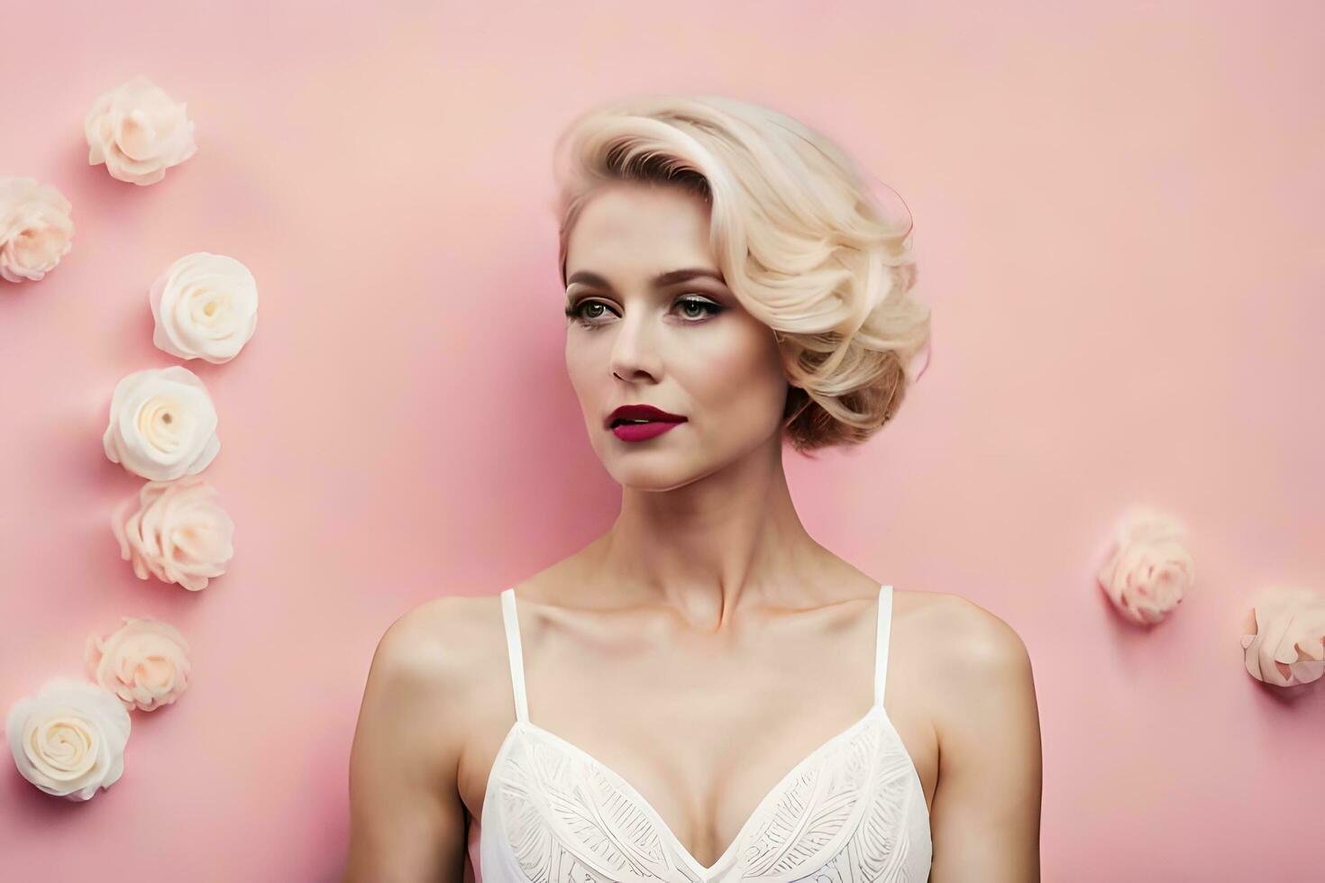 beautiful blonde woman in white bra top and red lipstick. AI-Generated photo
