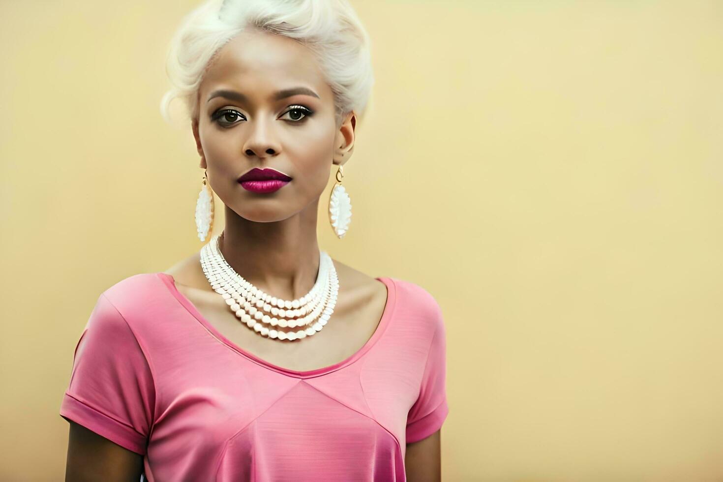a beautiful young woman with white hair and pearl necklace. AI-Generated photo