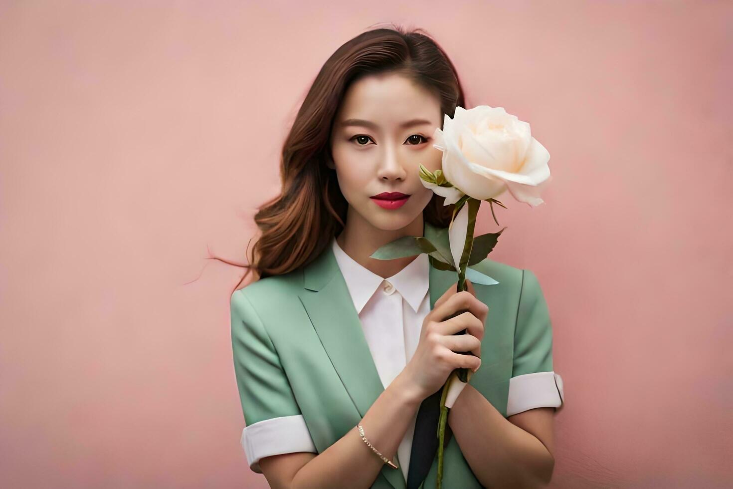 a woman in a green suit holding a white rose. AI-Generated photo