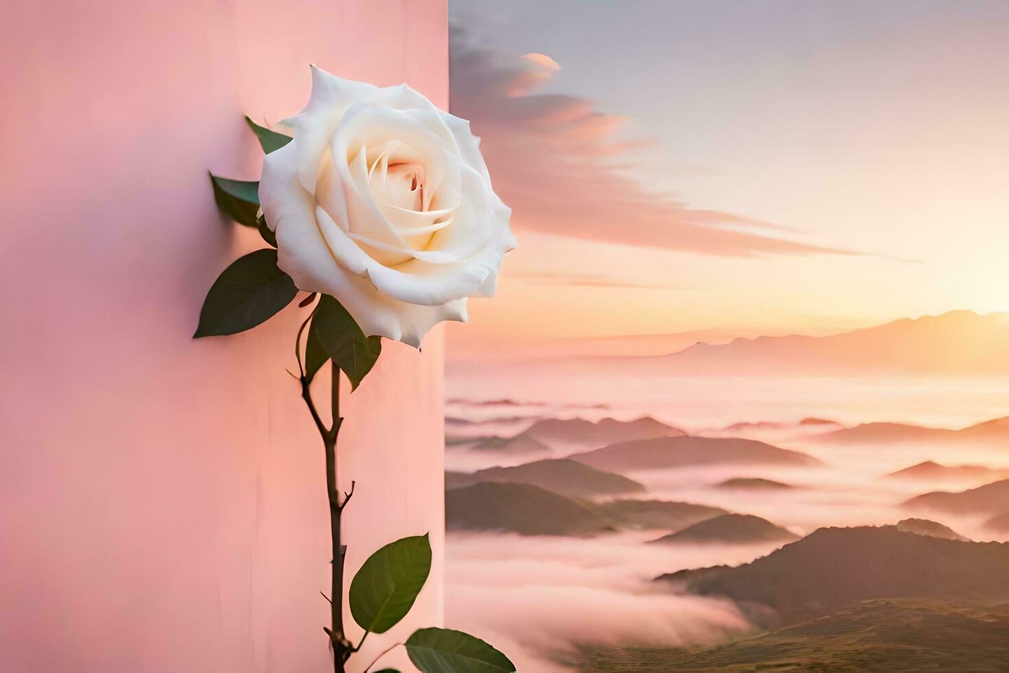 un soltero Rosa es sentado en un rosado pared con el Dom creciente. generado por ai foto