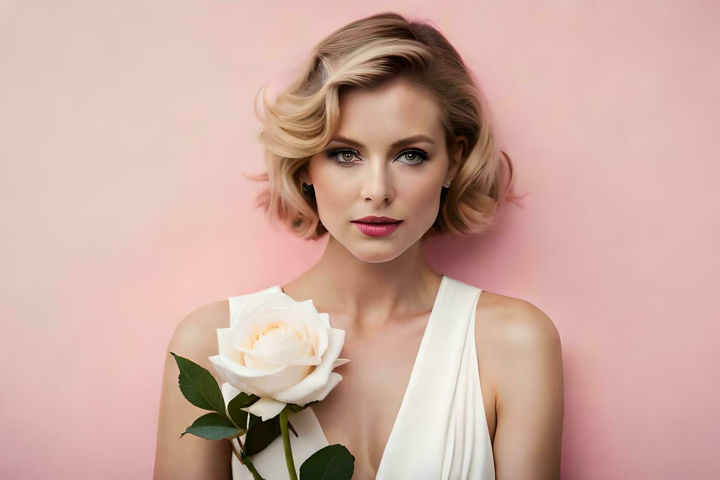 beautiful blonde woman with white rose on pink background. AI-Generated photo