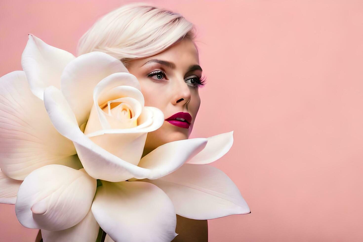 hermosa rubia mujer con blanco flor en rosado antecedentes. generado por ai foto