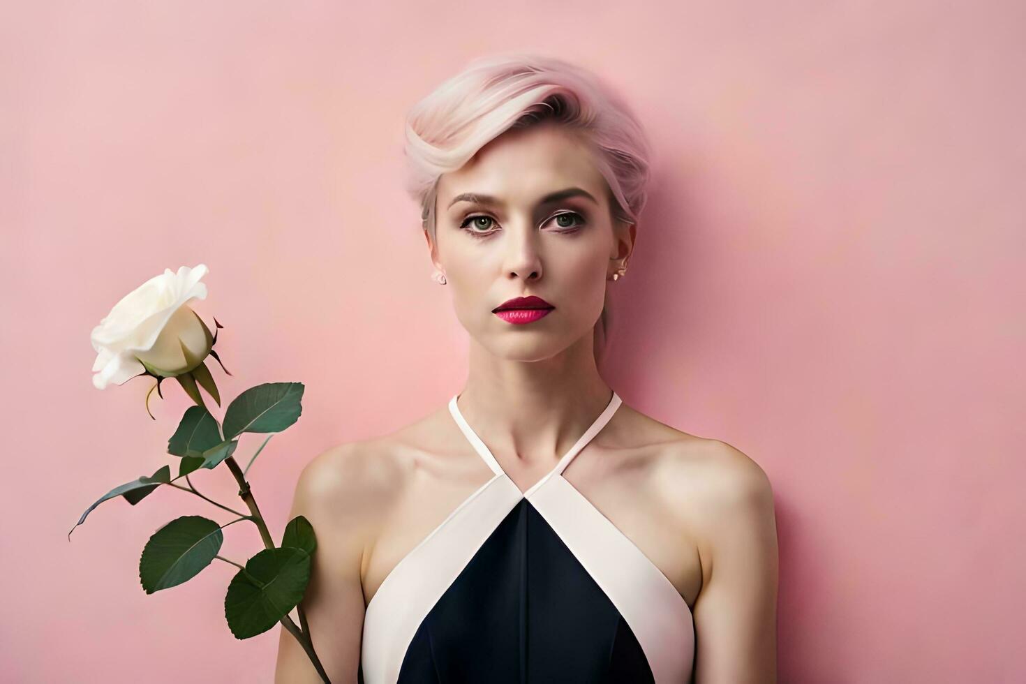 a woman with pink hair and a white rose. AI-Generated photo