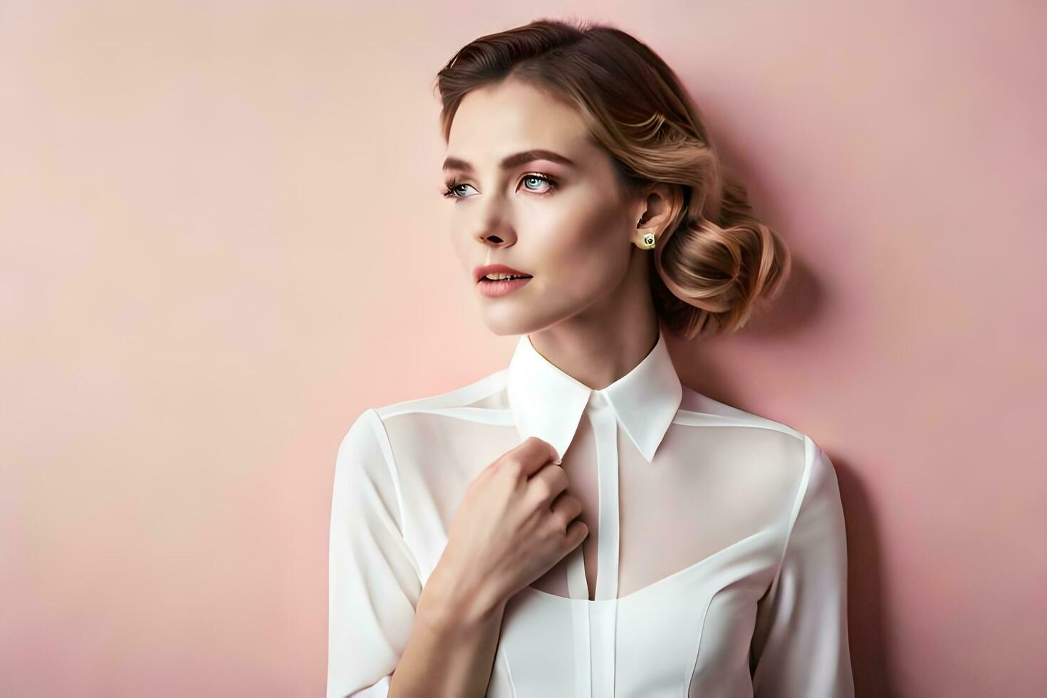 beautiful woman in white shirt posing against pink background. AI-Generated photo