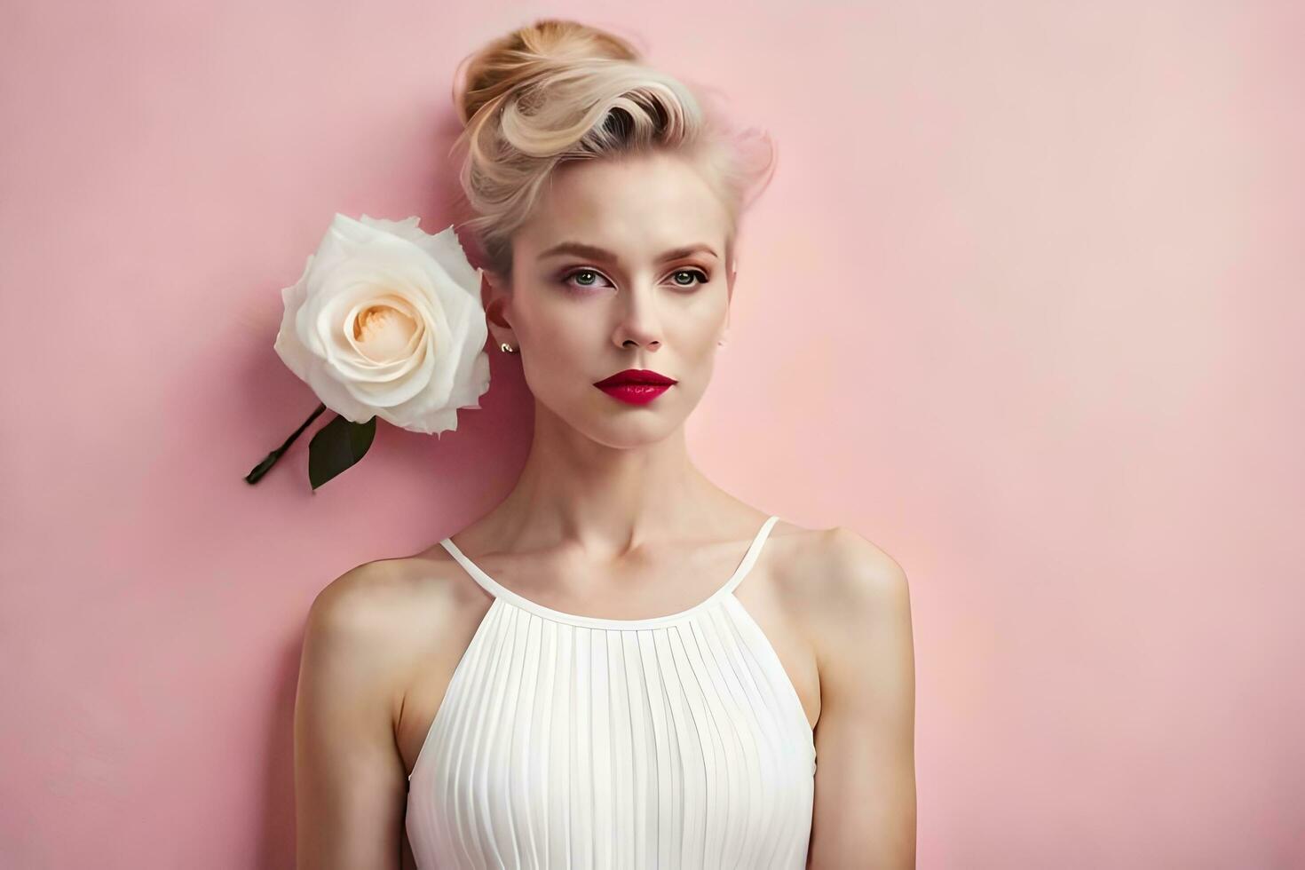 hermosa rubia mujer con Rosa en rosado antecedentes. generado por ai foto