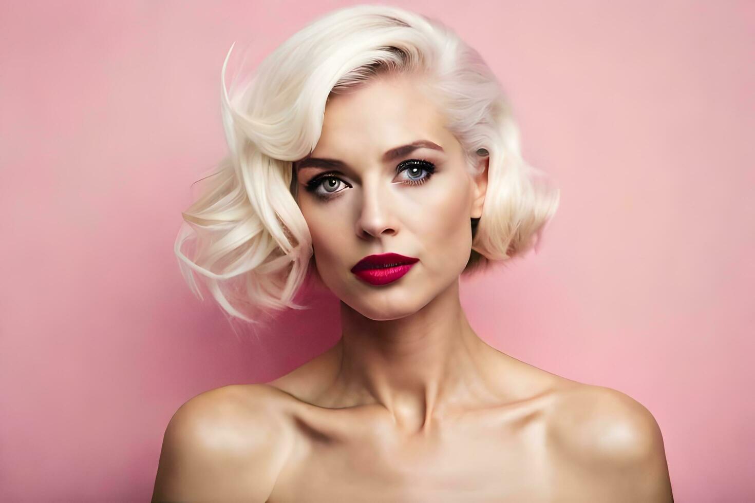a beautiful blonde woman with short hair and red lipstick. AI-Generated photo