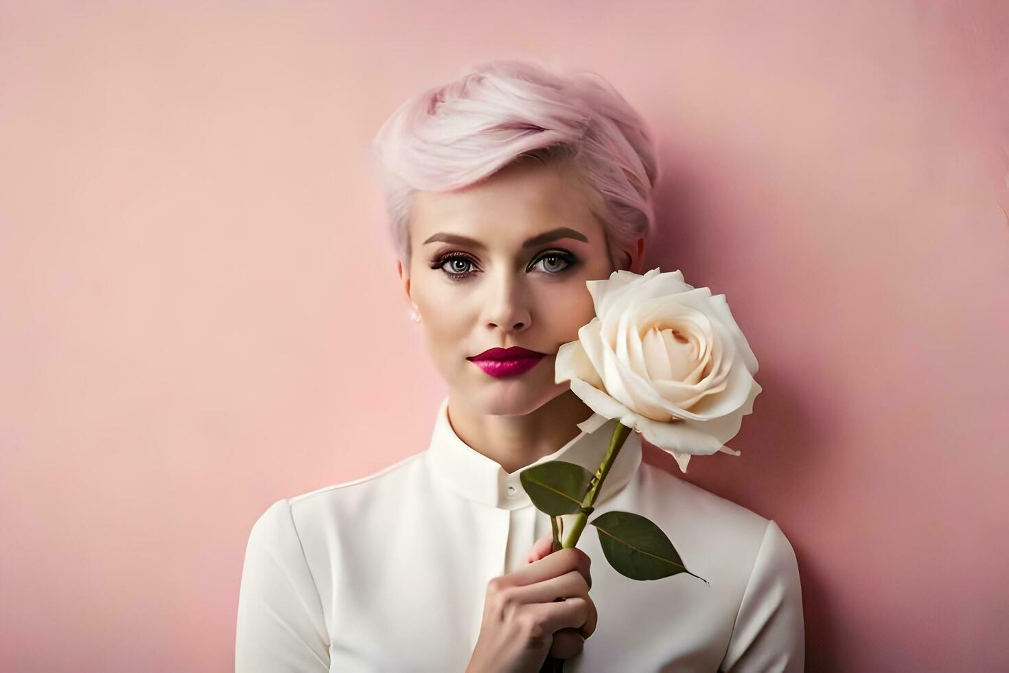 a woman with pink hair holding a rose. AI-Generated photo