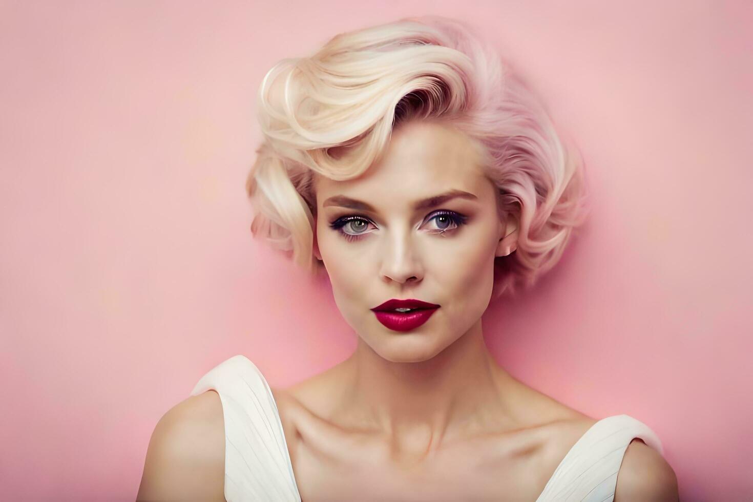 a woman with a pink background and a bright red lipstick. AI-Generated photo