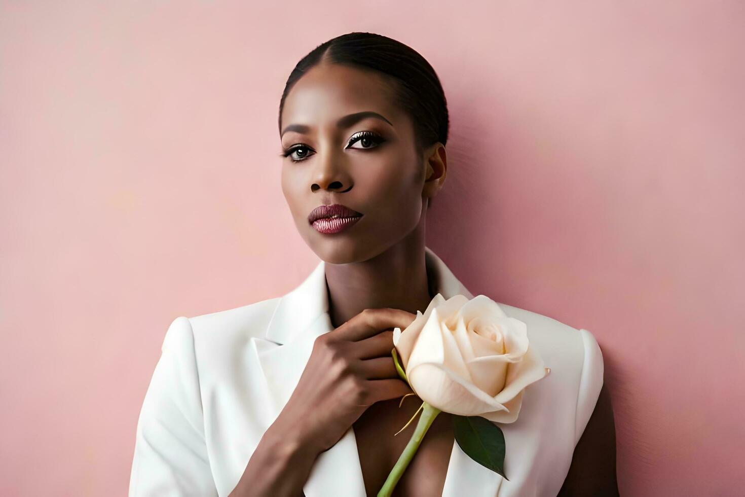 un hermosa mujer en un blanco traje participación un Rosa. generado por ai foto