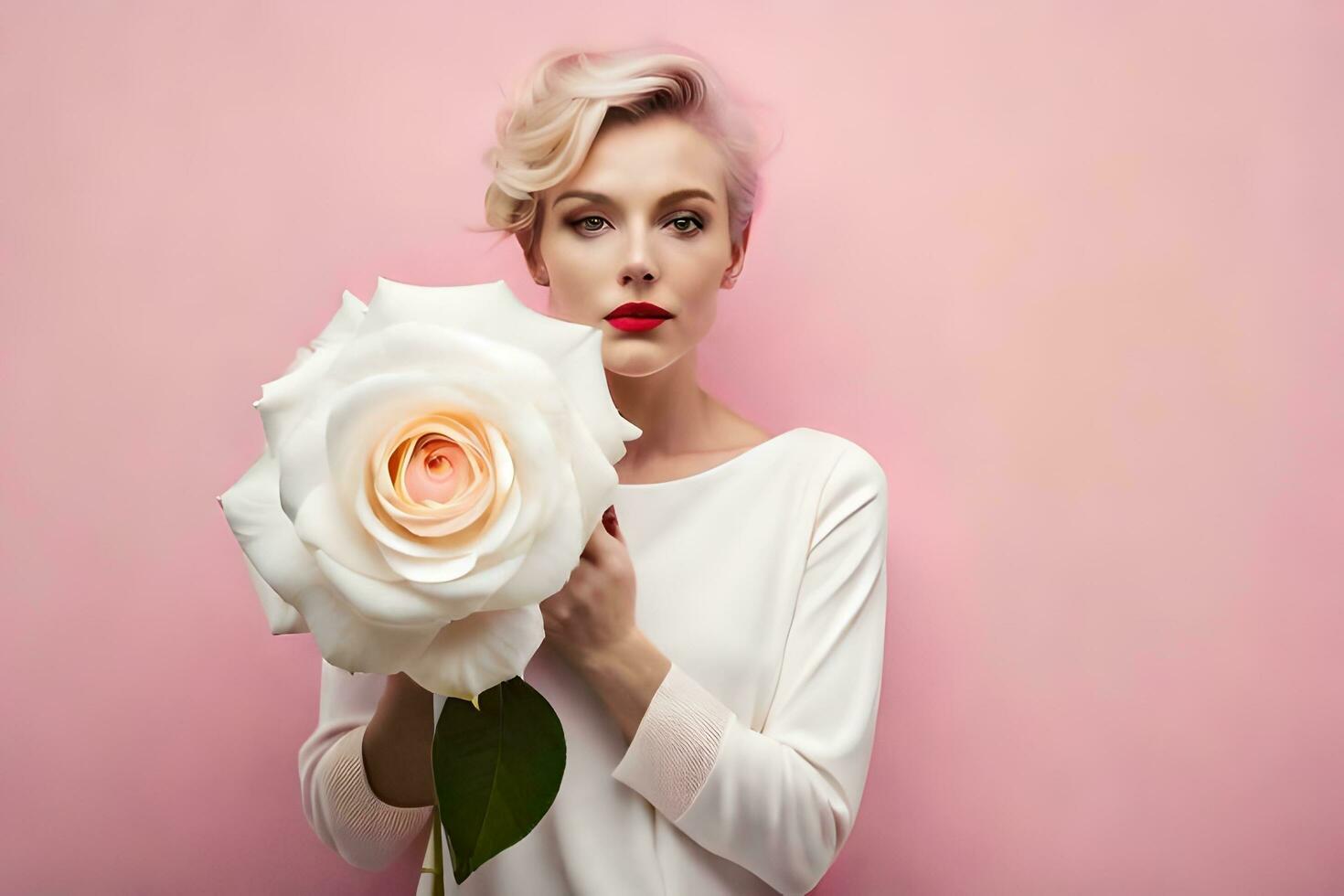 un mujer con un Rosa en su mano. generado por ai foto