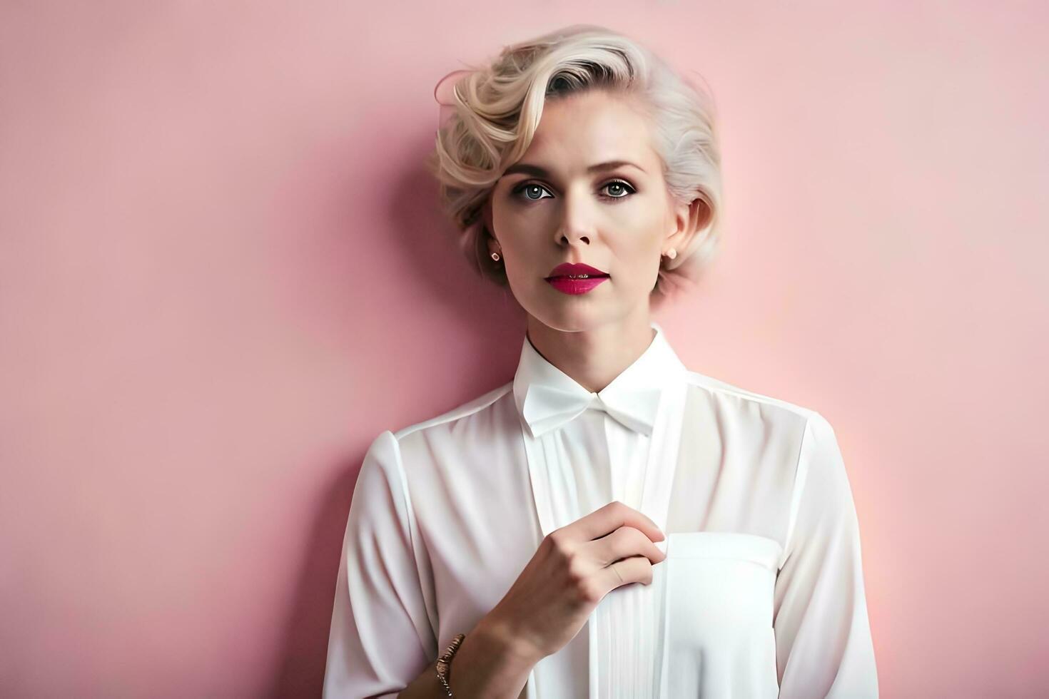 a woman with short hair and a white shirt. AI-Generated photo