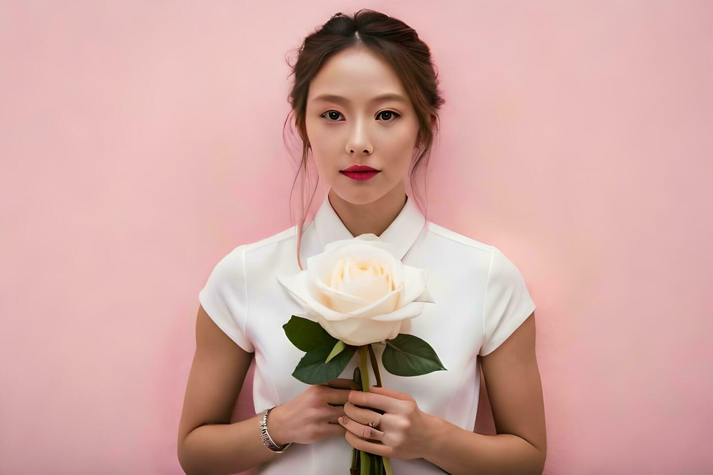 un mujer participación un blanco Rosa en frente de un rosado antecedentes. generado por ai foto