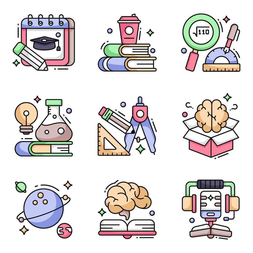 paquete de iconos planos de educación y aprendizaje vector