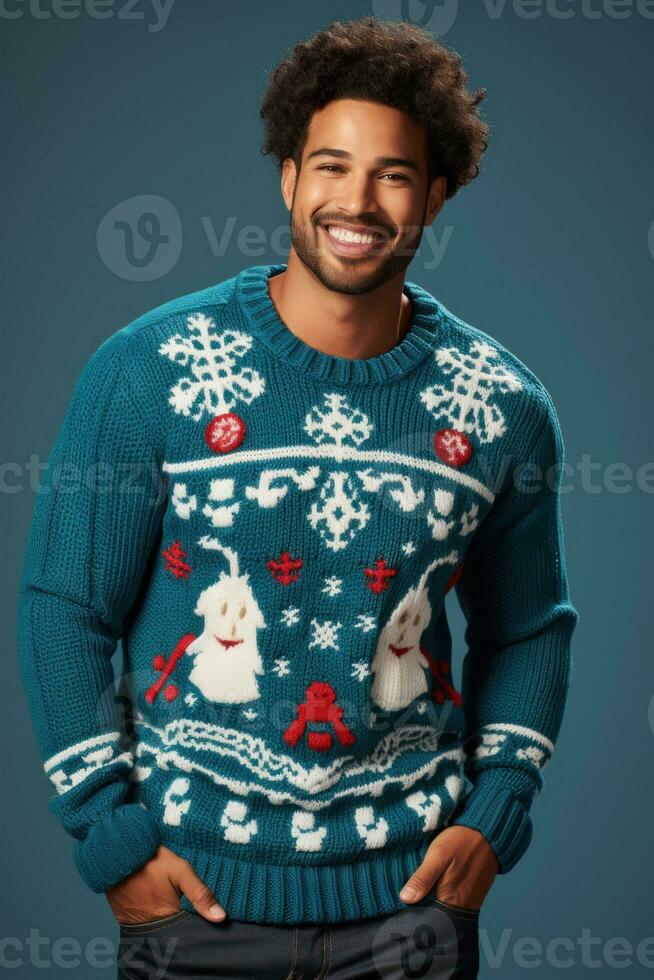 person wearing Christmas ugly sweater isolated. Generative AI photo