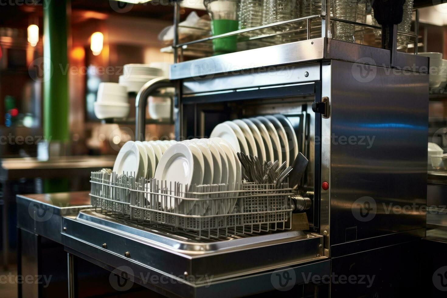 dishwasher with clean dishes on the kitchen background. Generative A photo