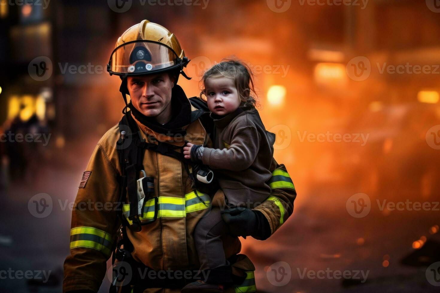 A female firefighter carrying a child to safety during a rescue mission. Generative AI photo