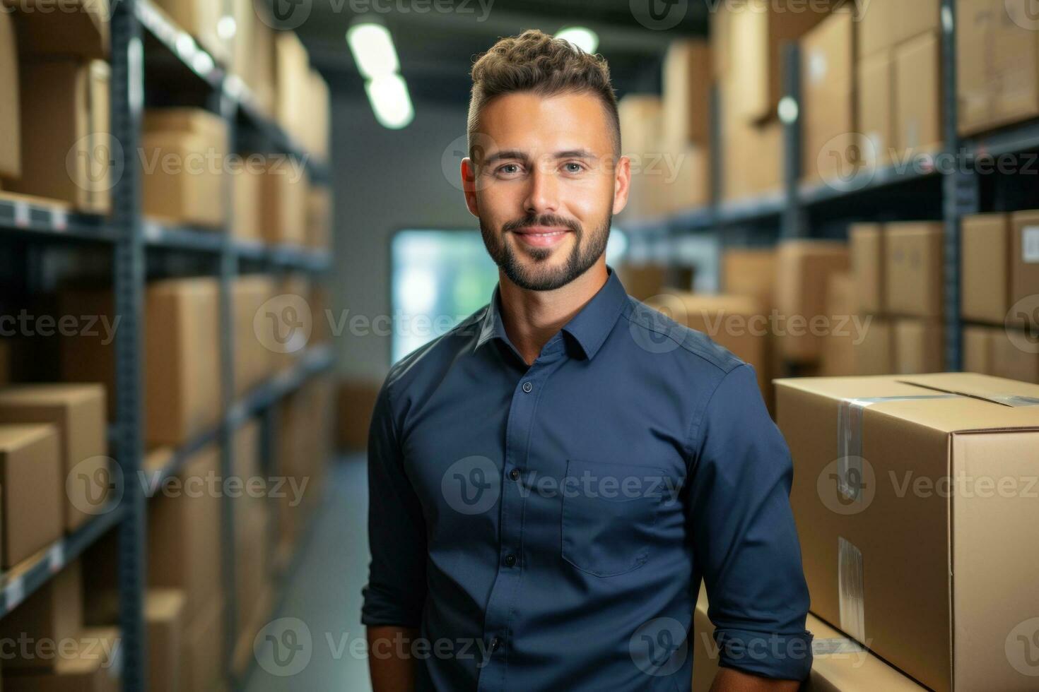 Smiling business man with box in warehouse. Generative IA photo