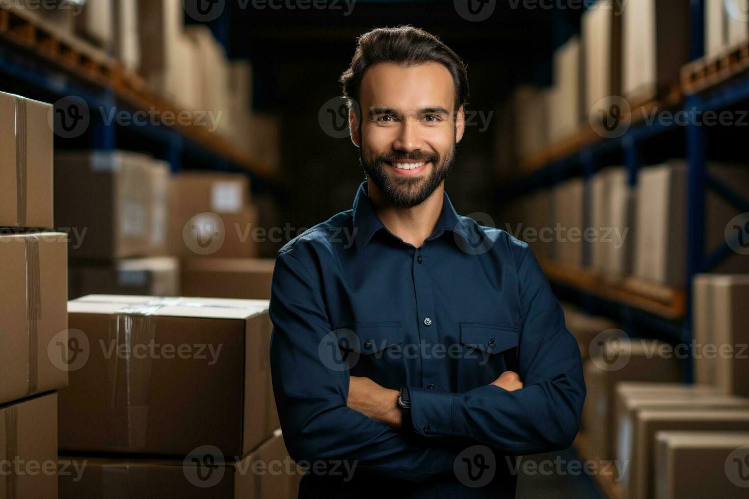 Smiling business man with box in warehouse. Generative IA photo