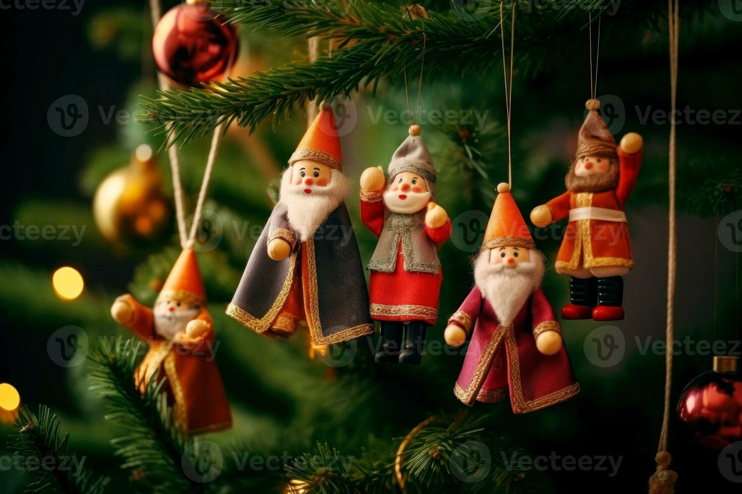hanging red Christmas stockings filled with gifts, copy space, green background. AI generative photo