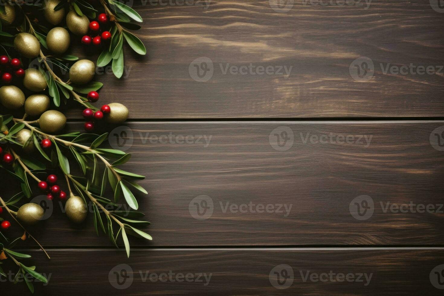Christmas decorated wooden background with copy space, banner, poster. Generative AI photo