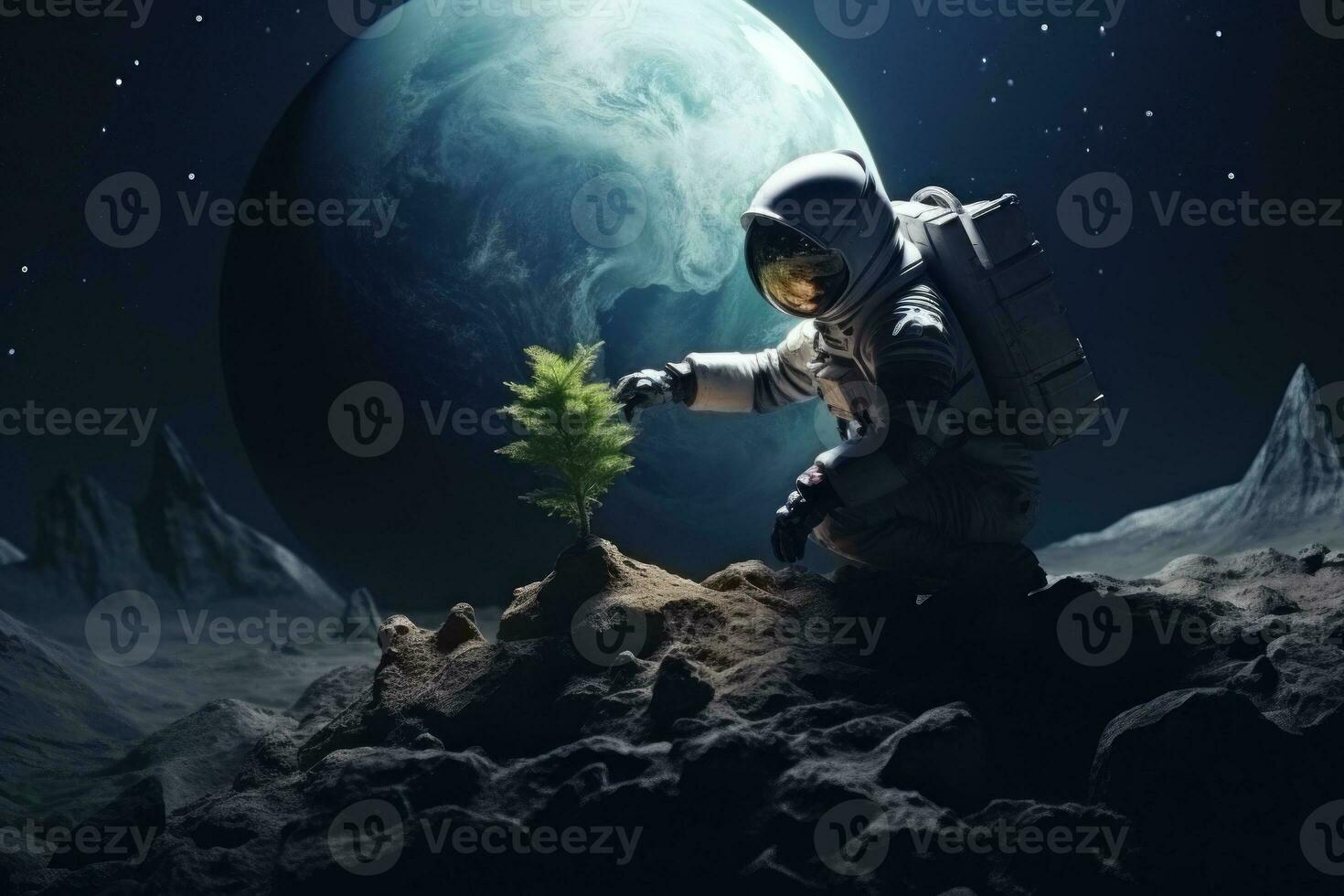 Astronaut plants seedlings of plants on the soil of another planet. AI generative photo