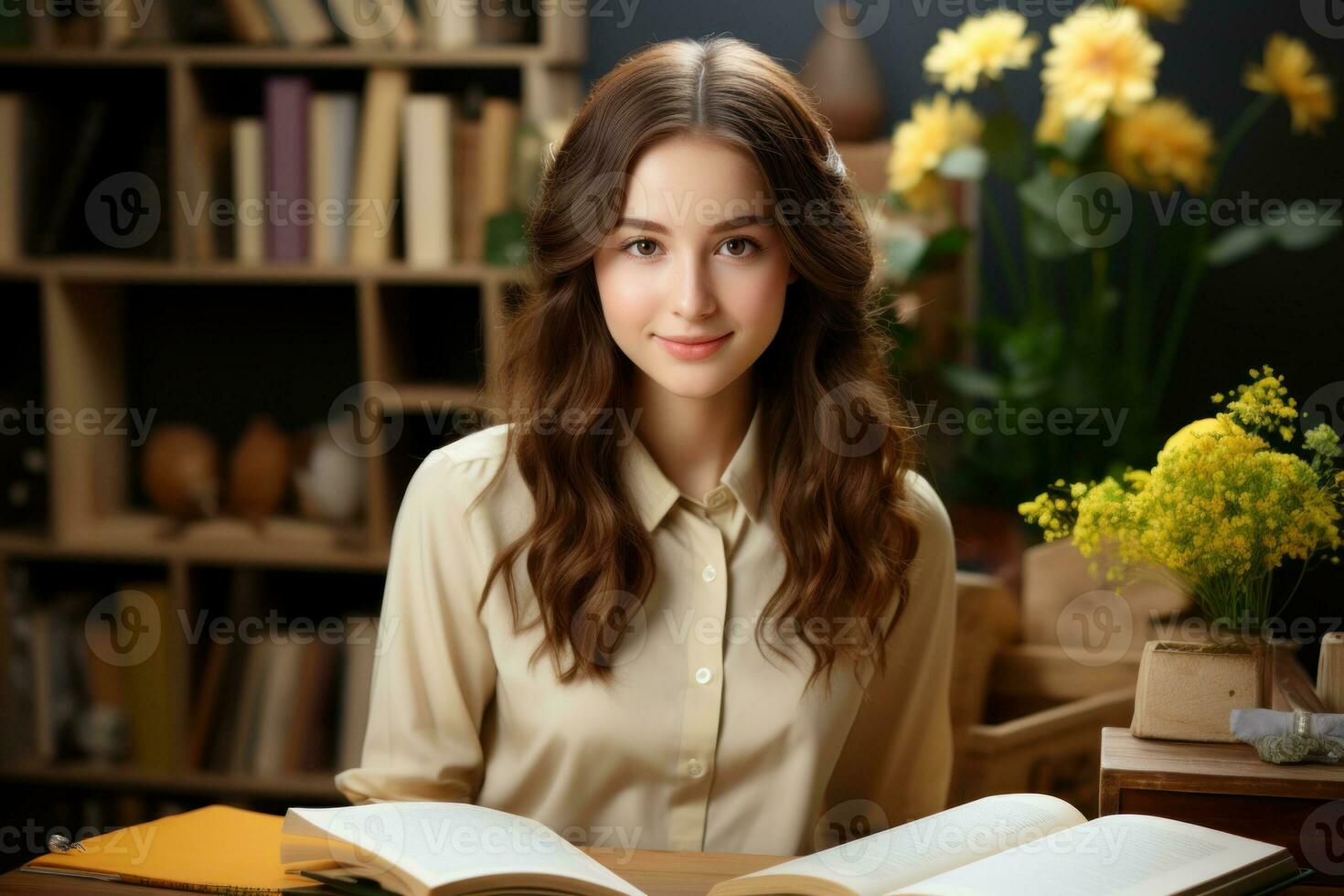 Close up portrait of young beautiful woman smiling while working in office. Generative AI technology photo