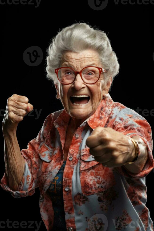 elder person showing OK approve or like signal with thumb raise up, generative Ai photo