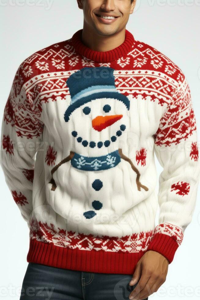 person wearing Christmas ugly sweater isolated. Generative AI photo