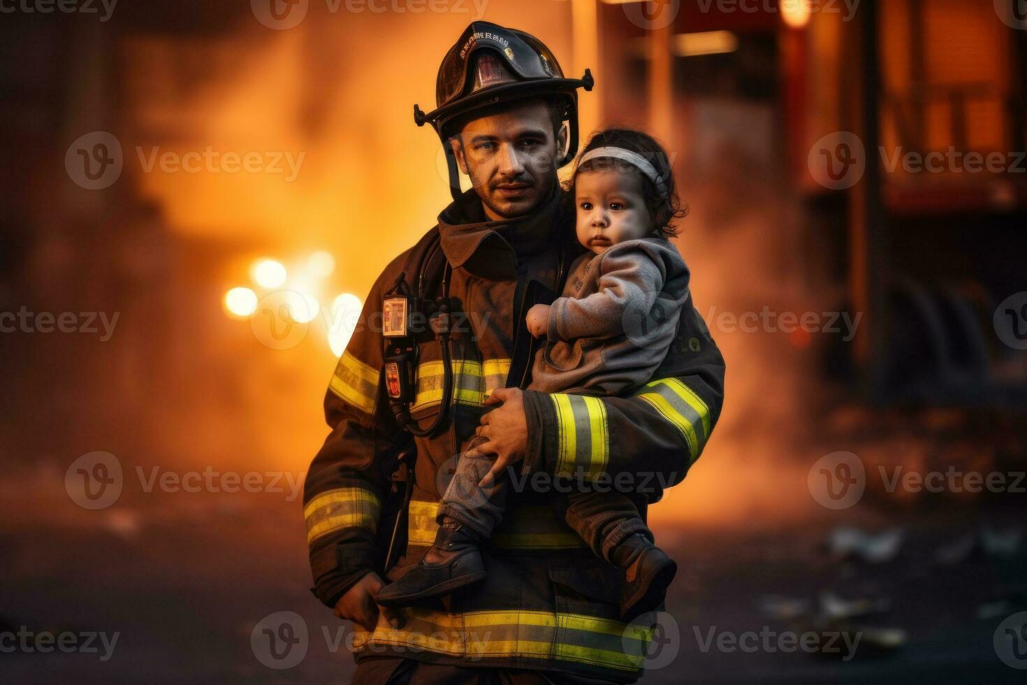 A female firefighter carrying a child to safety during a rescue mission. Generative AI photo