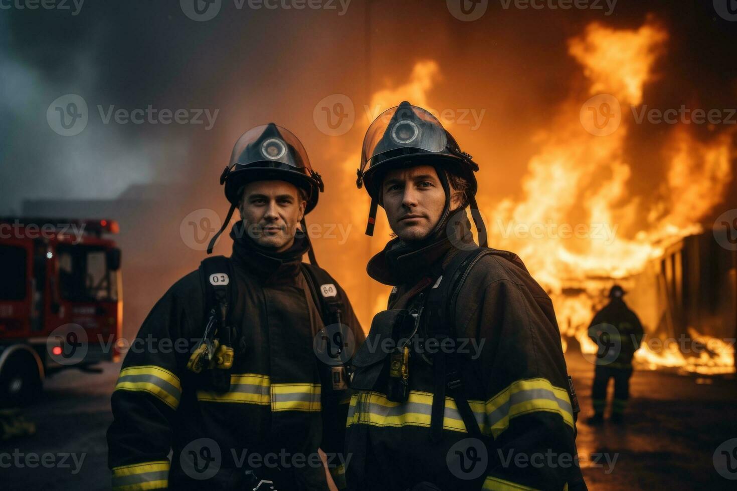 firefighter using water and extinguisher to fighting with fire flame in an emergency. AI Generative photo