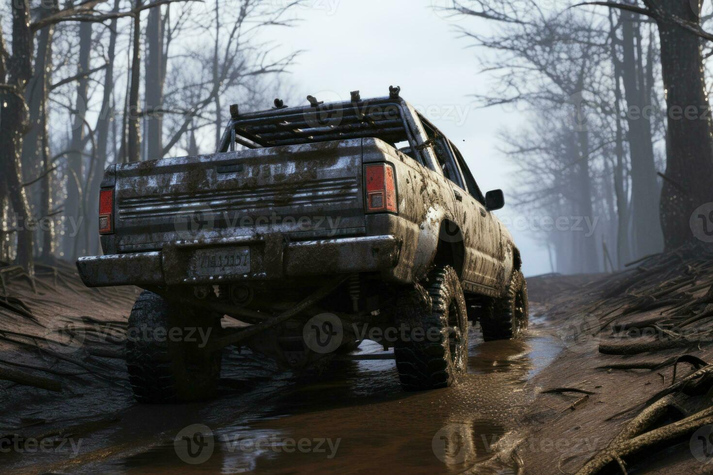 Four wheel drive SUV is driving on muddy road in jungle. AI Generative photo