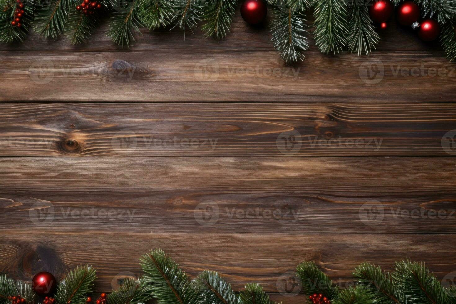 Christmas decorated wooden background with copy space, banner, poster. Generative AI photo