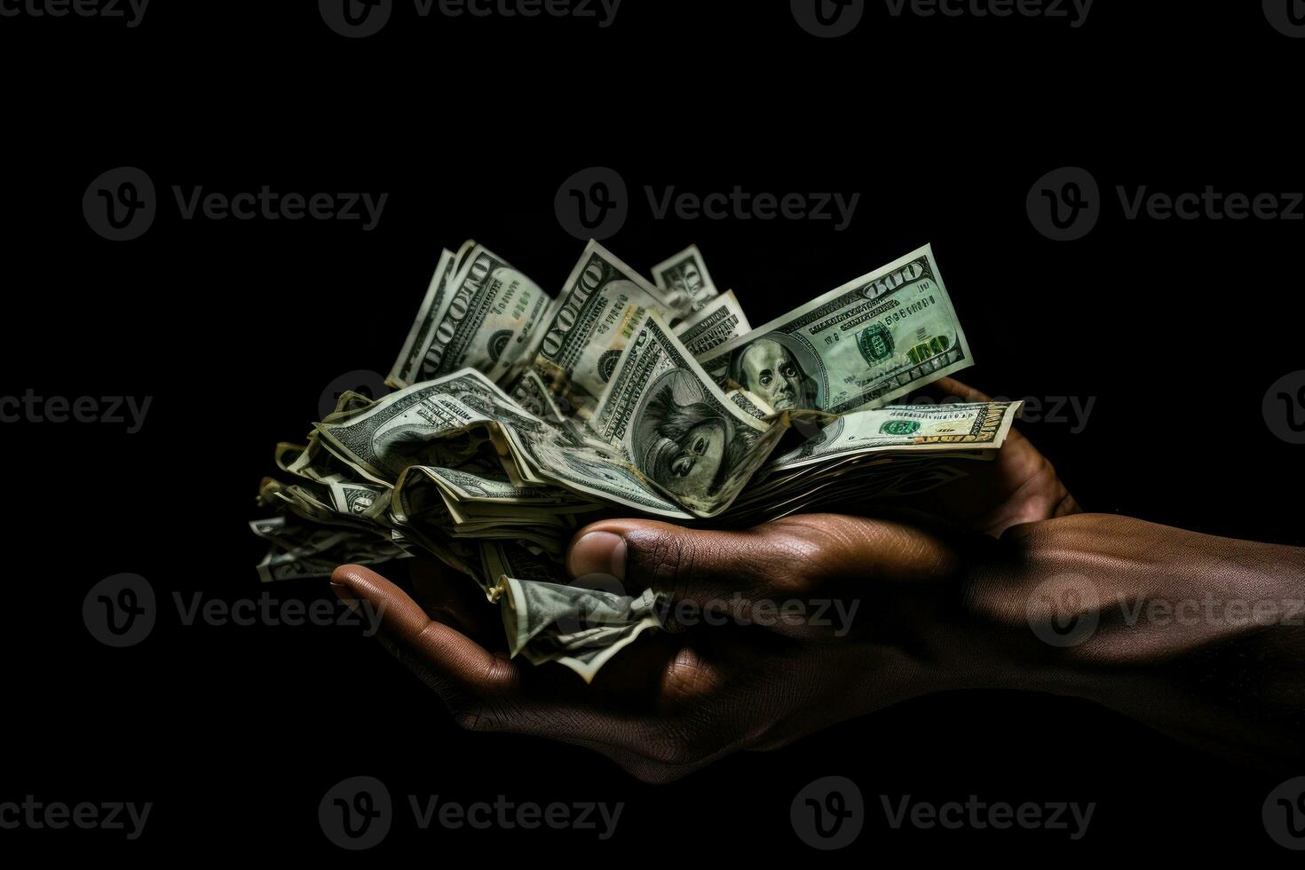 Businessman hands holding a lots of money as financial investor. Generative AI photo