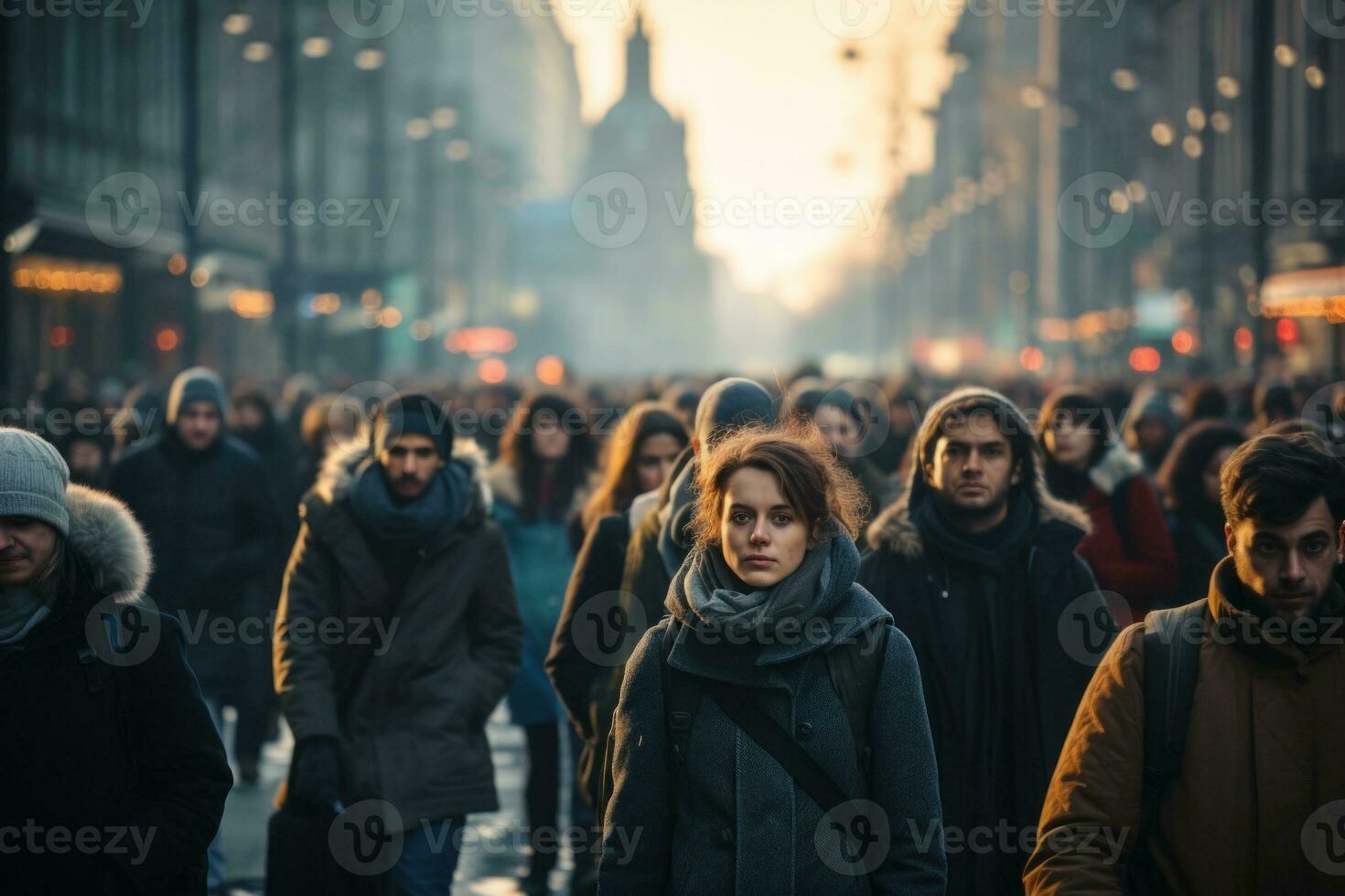 crowd of people large group of people walking city street landscape . AI generative photo