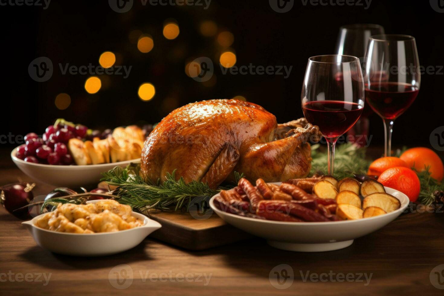 roasted turkey with vegetables and herbs is a traditional dish for thanksgiving or Christmas day. AI generative photo