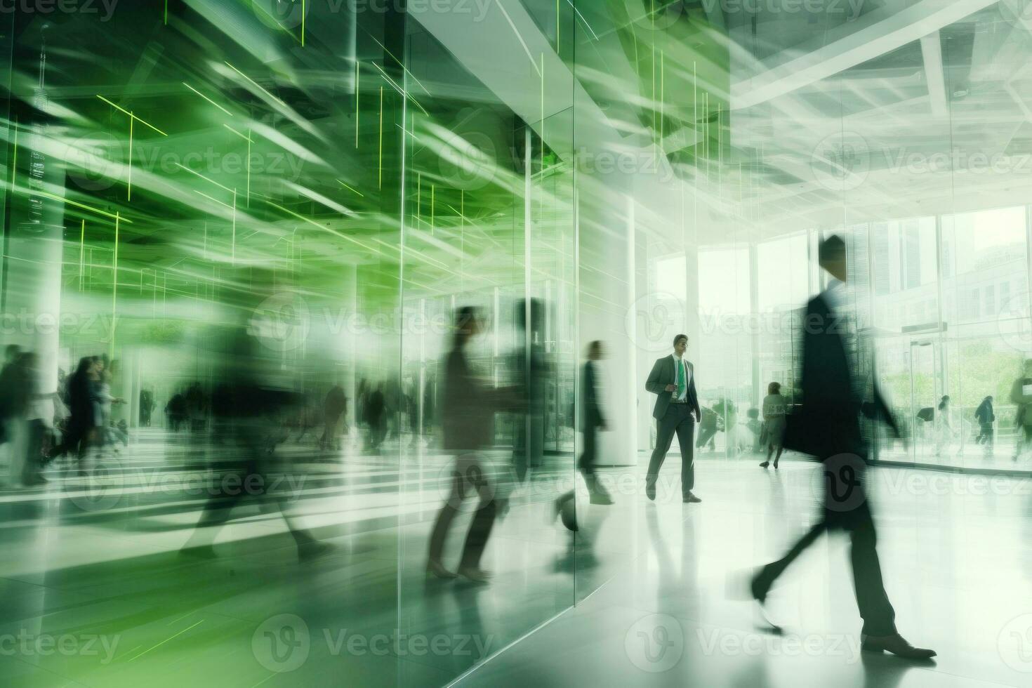 Crowded office public place with people passing by, traffic flow motion blur effect. AI Generative photo