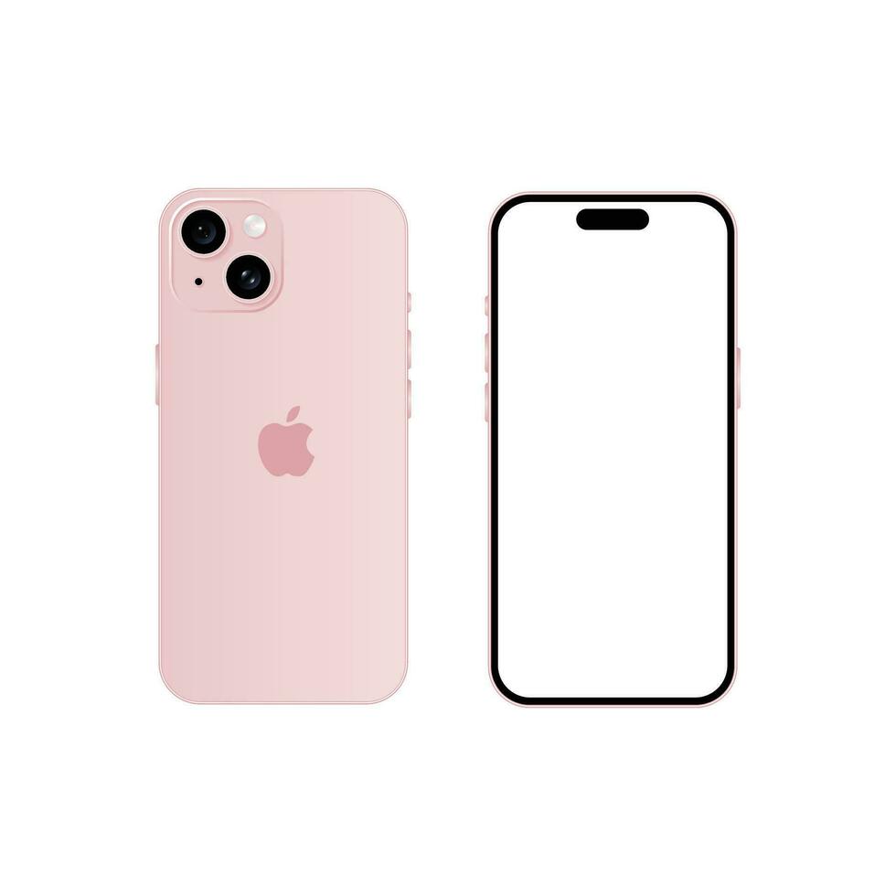 Iphone 15 model. Pink color. Front view and back view. Vector mockup. Vector illustration