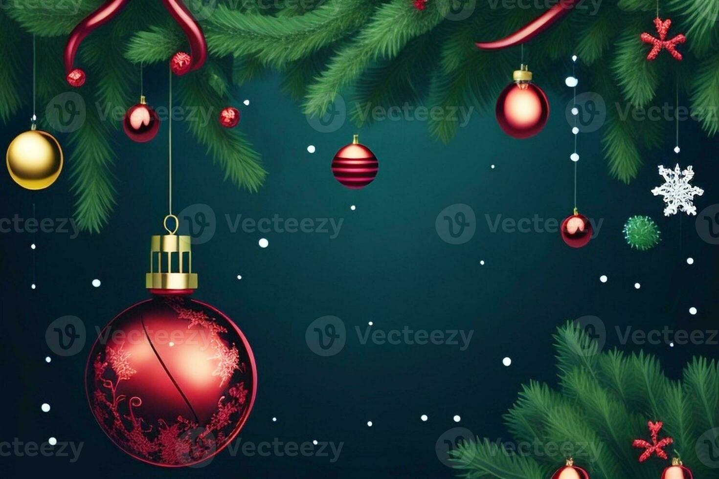 Christmas background with fir tree branches and red baubles. Vector illustration. photo