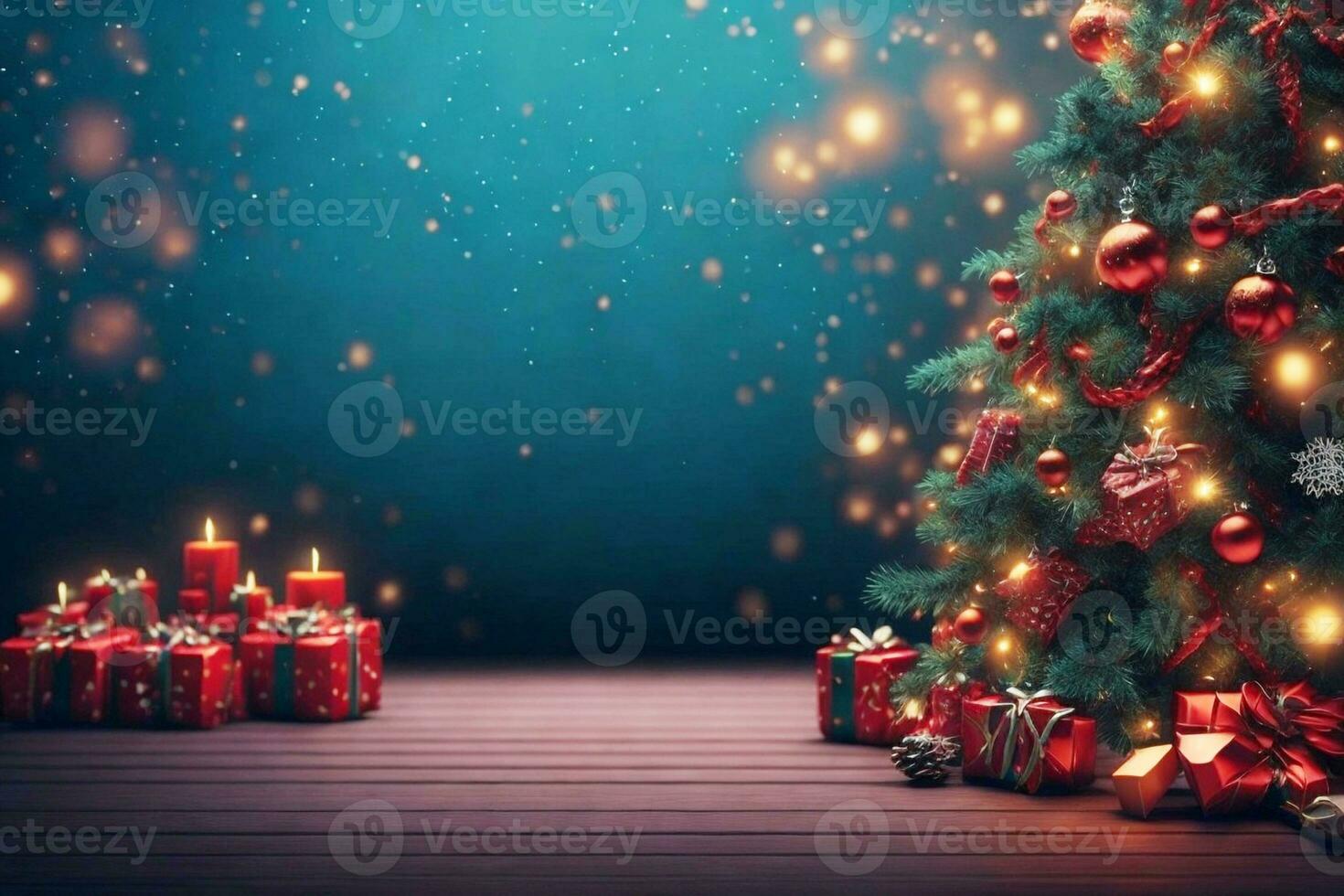 Christmas tree with presents and candles on a wooden table. Christmas background. photo