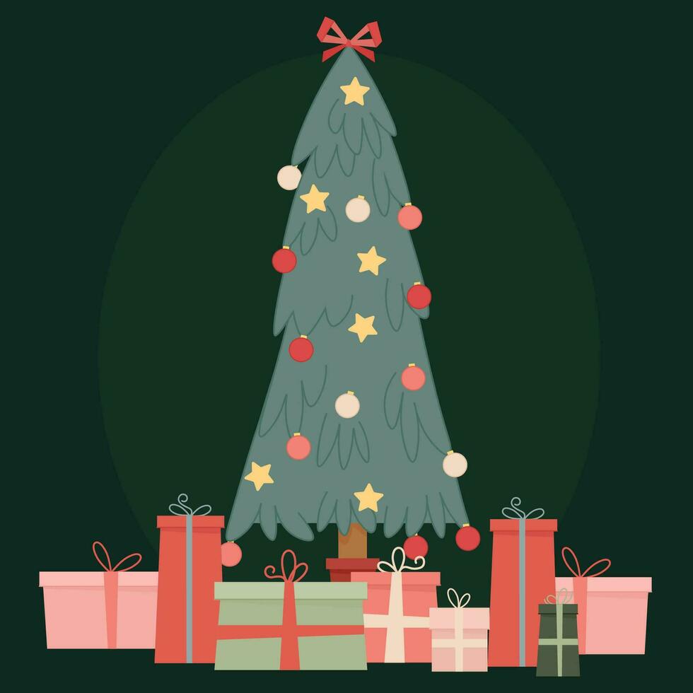 Elegant glowing Christmas tree with toys and gifts vector