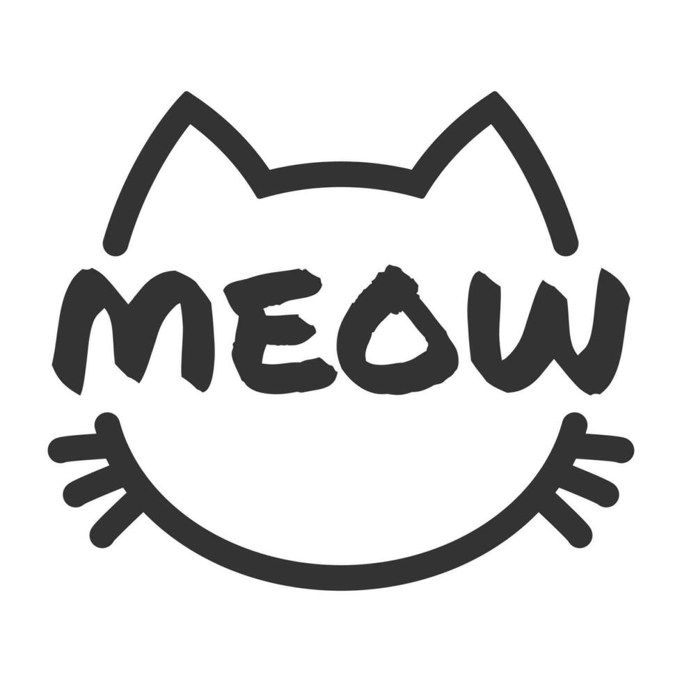 Meow lettering inside cat head pictogram, with ears and whiskers. Cute design for feline lovers and cat moms. vector