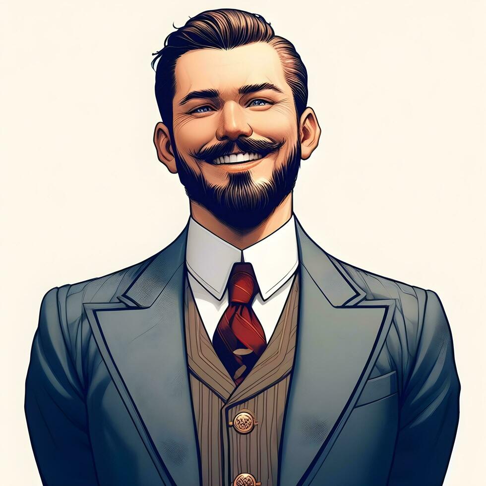 Cartoon style Illustration of a smiling young handsome Turkish man from the early 1900s as generative ai photo