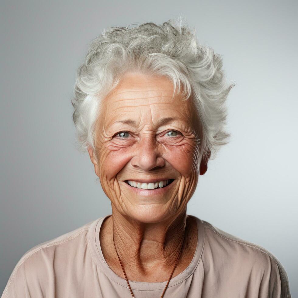 un más viejo mujer vistiendo un blanco camisa. foto