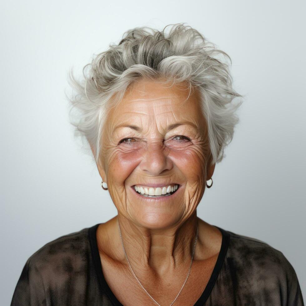 an older woman wearing a white shirt. photo