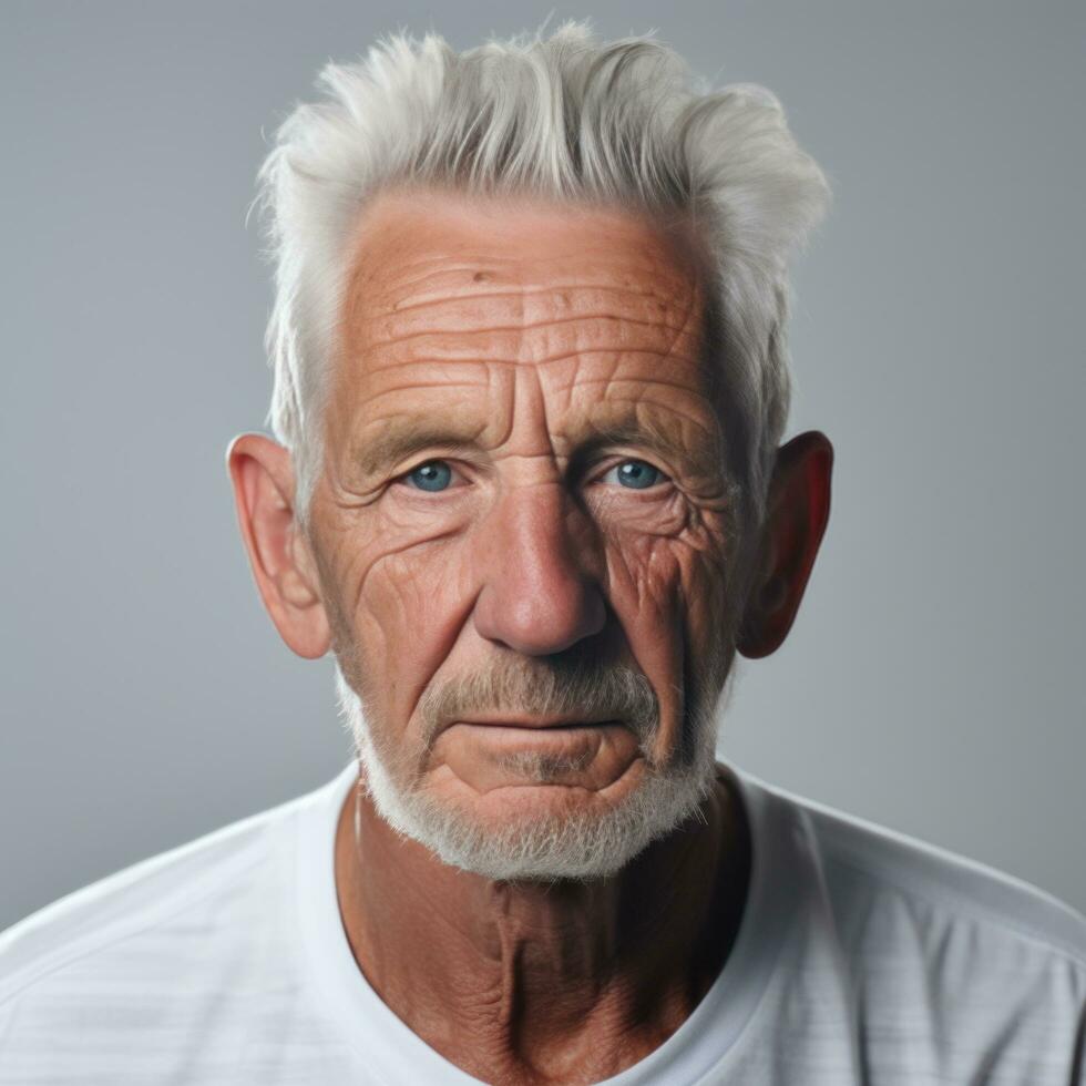 un contento más viejo hombre sonriente para el cámara aislado. foto