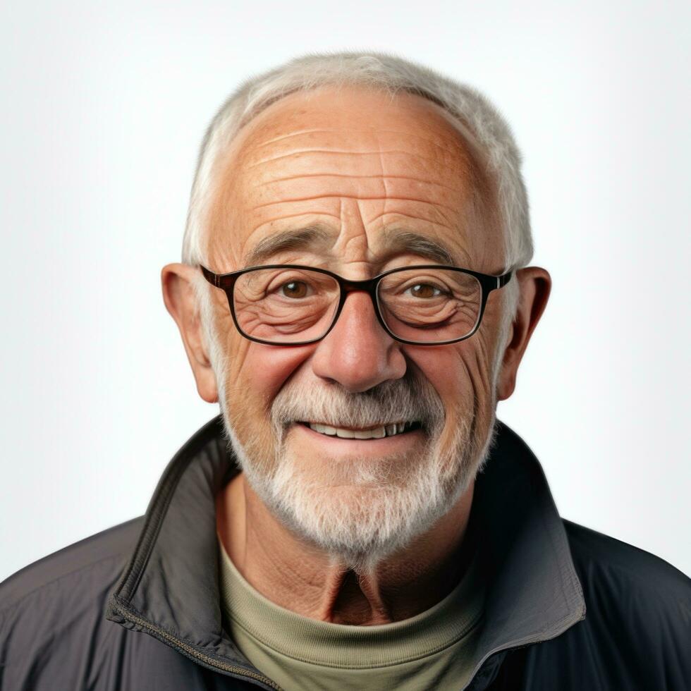 un contento más viejo hombre sonriente para el cámara aislado. foto